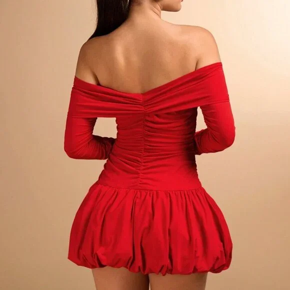Red Casual Women's Flower Bud Bubble Off-Shoulder Long-Sleeved Dress - Picture 2 of 7
